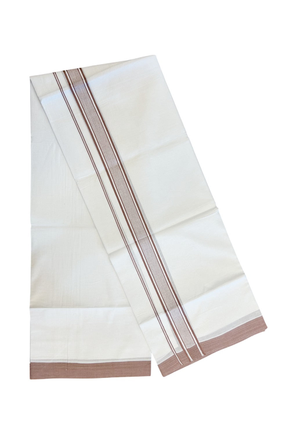 20% DISCOUNT! KaithariKada Balaramapuram 100% Cotton Double Pure white Mundu/Dhoti-( 60s ) - 1.25 inch Light Brown Shaded Striped Kara - 3.86mtr ( 8 muzham) - 16KK5227 PMC