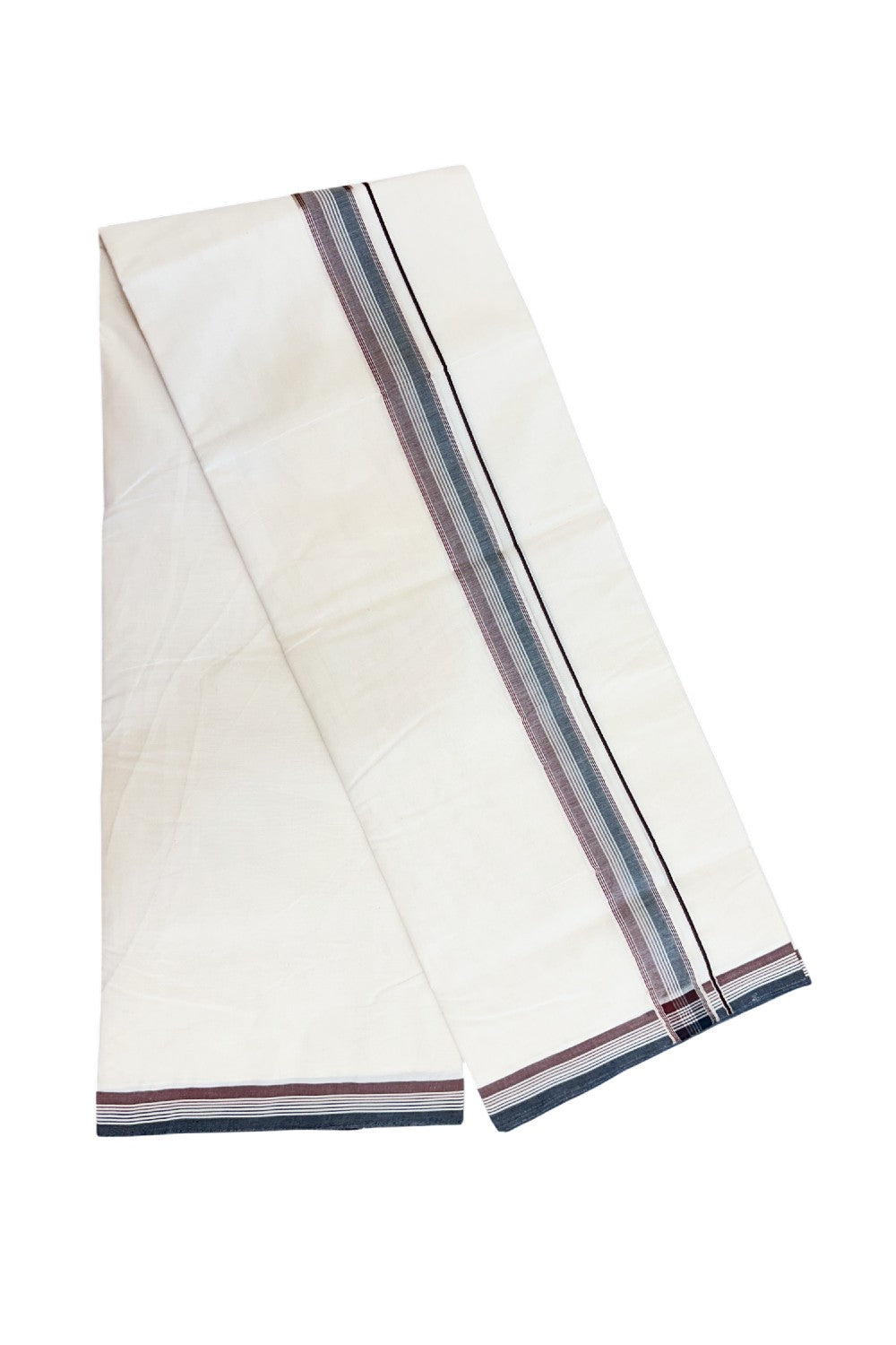 20% Discount KaithariKada Balaramapuram 100% Cotton Double Off white - (Unbleached) - Mundu/Dhoti - 100x100 - 1.5 inch Silver Kasav Black & Dark Maroon Striped Kara - 4 mtr ( 8.5muzham)- 16KK5228 ASH