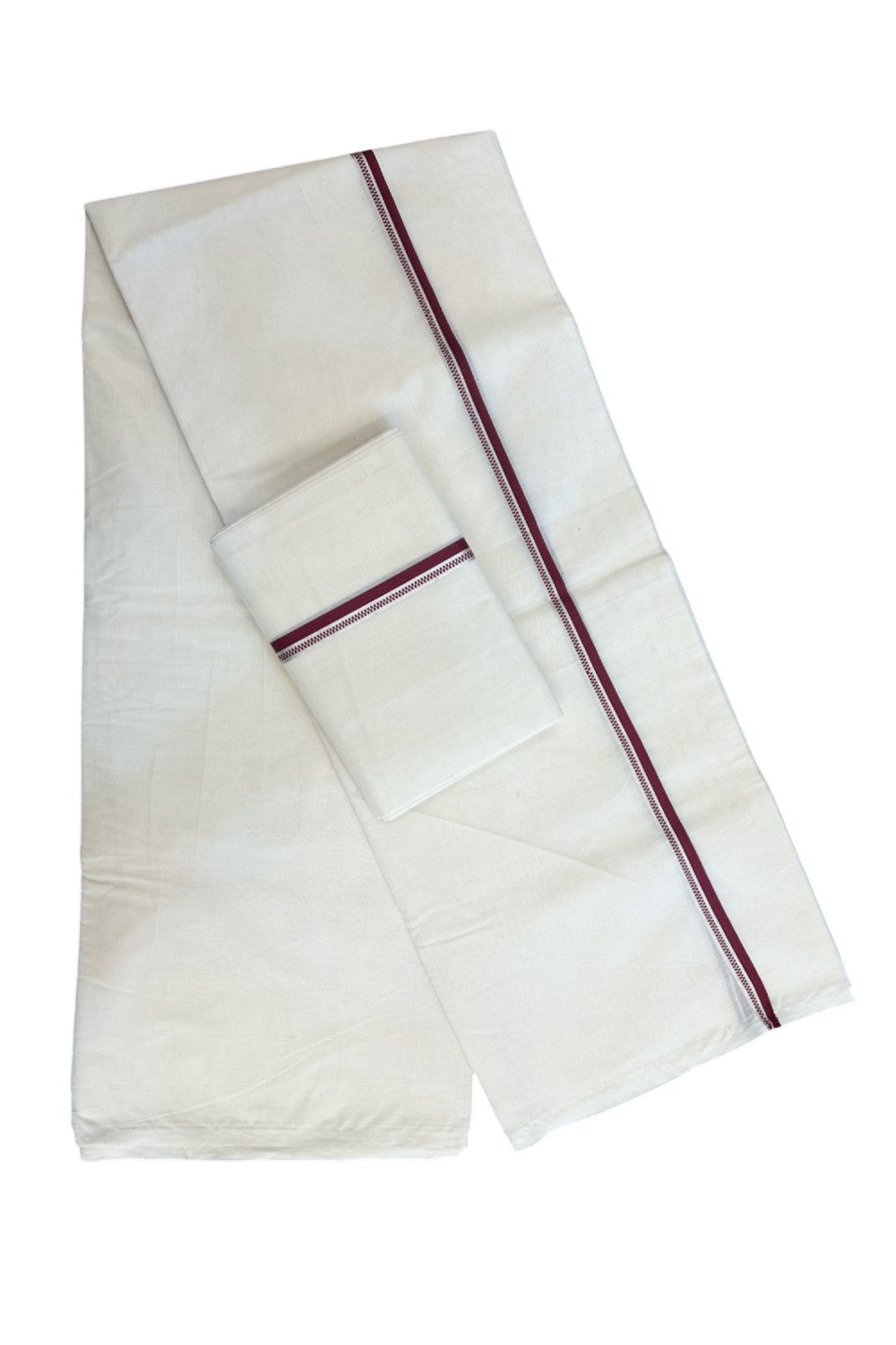 20% Discount!! KaithariKada Balaramapuram - 100% PURE Cotton Off White  (Unbleached) Mundu/Dhoti & Neriyath set - 1.5 cm Silver Kasavu & Maroon Design Kara - 17KK5238 ASH