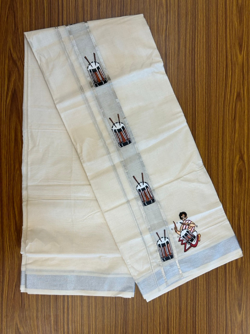 24% Discount! KaithariKada 100% Cotton Double Off white - (Ubleached) Mundu / Dhoti - 100x80 1.5 inch Silver Kasavu & Hand Painted Chenda - 16 KK5259 CKS