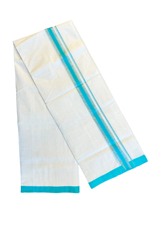 30% DISCOUNT! KaithariKada BALARAMAPURAM HANDLOOM UNAKKUPAAV - 100% PURE Cotton Off white (Unbleached) Double Mundu/Dhoti -  Silver stripes Turquoise blue kara - 16KK72RAM