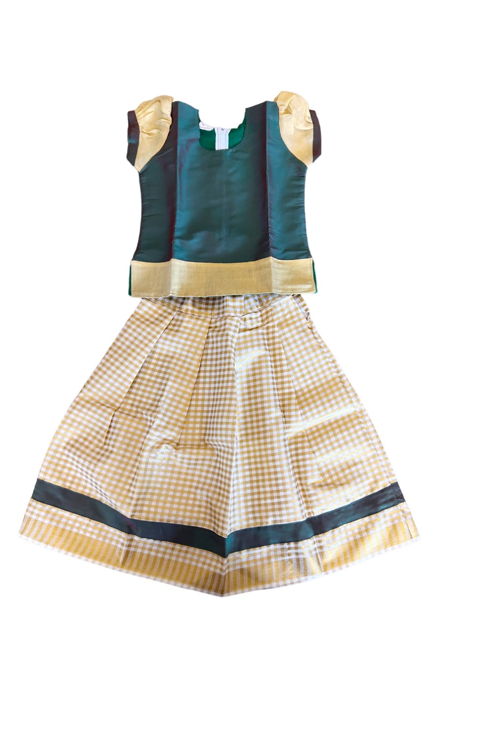 Midukki-Traditional South Indian Kids Pattu Pavada-  Green top offwhite check skirt - Age 6 - KK6MID0016