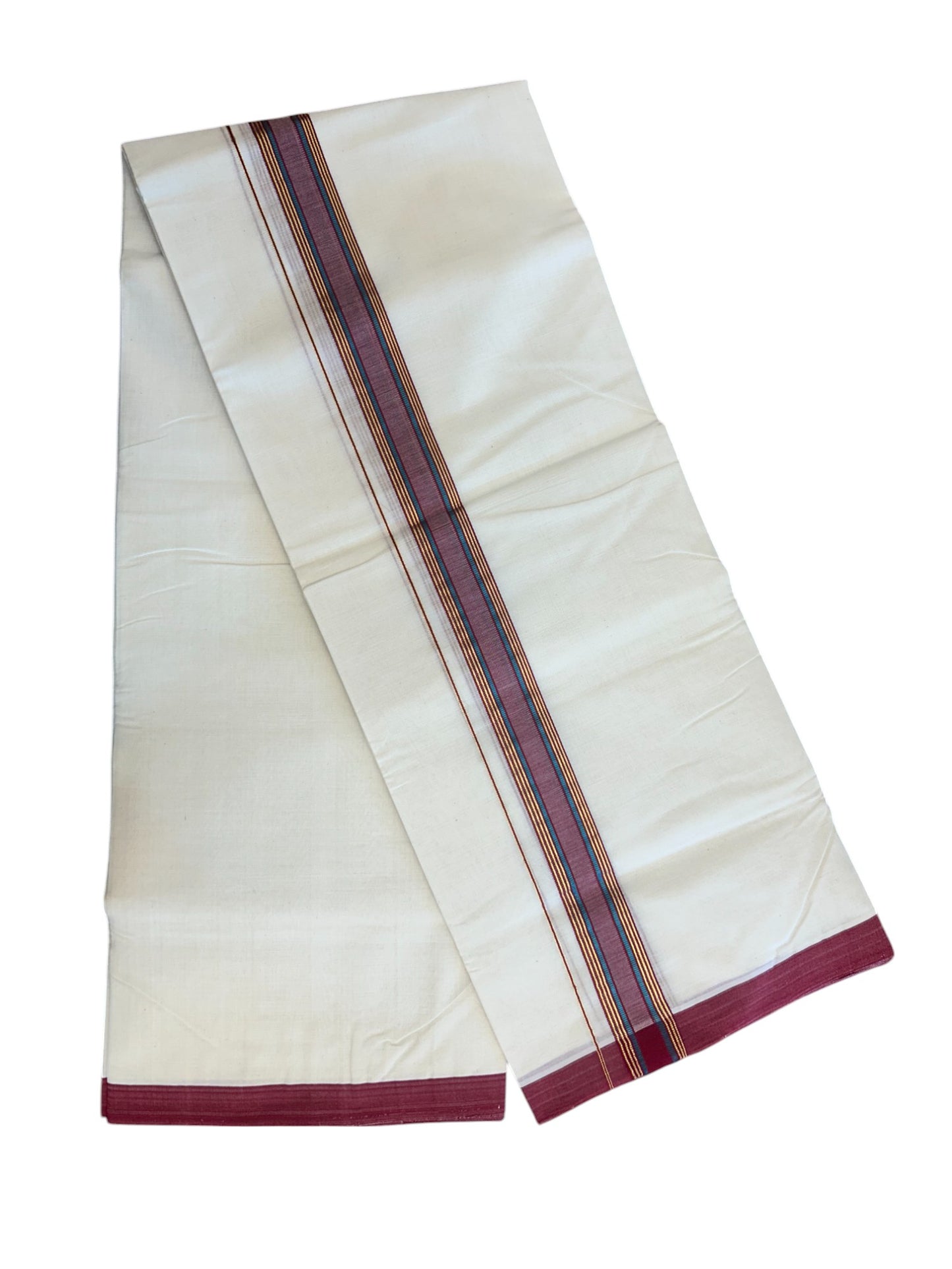 31% DISCOUNT!! KaithariKada HANDLOOM Millpaav Balaramapuram - 100% PURE Cotton OFF White Double - (Unbleached) Mundu/Dothi - 1.75 Inch Gold Peacock Blue Kasav Red kara - 16kk5153RAM