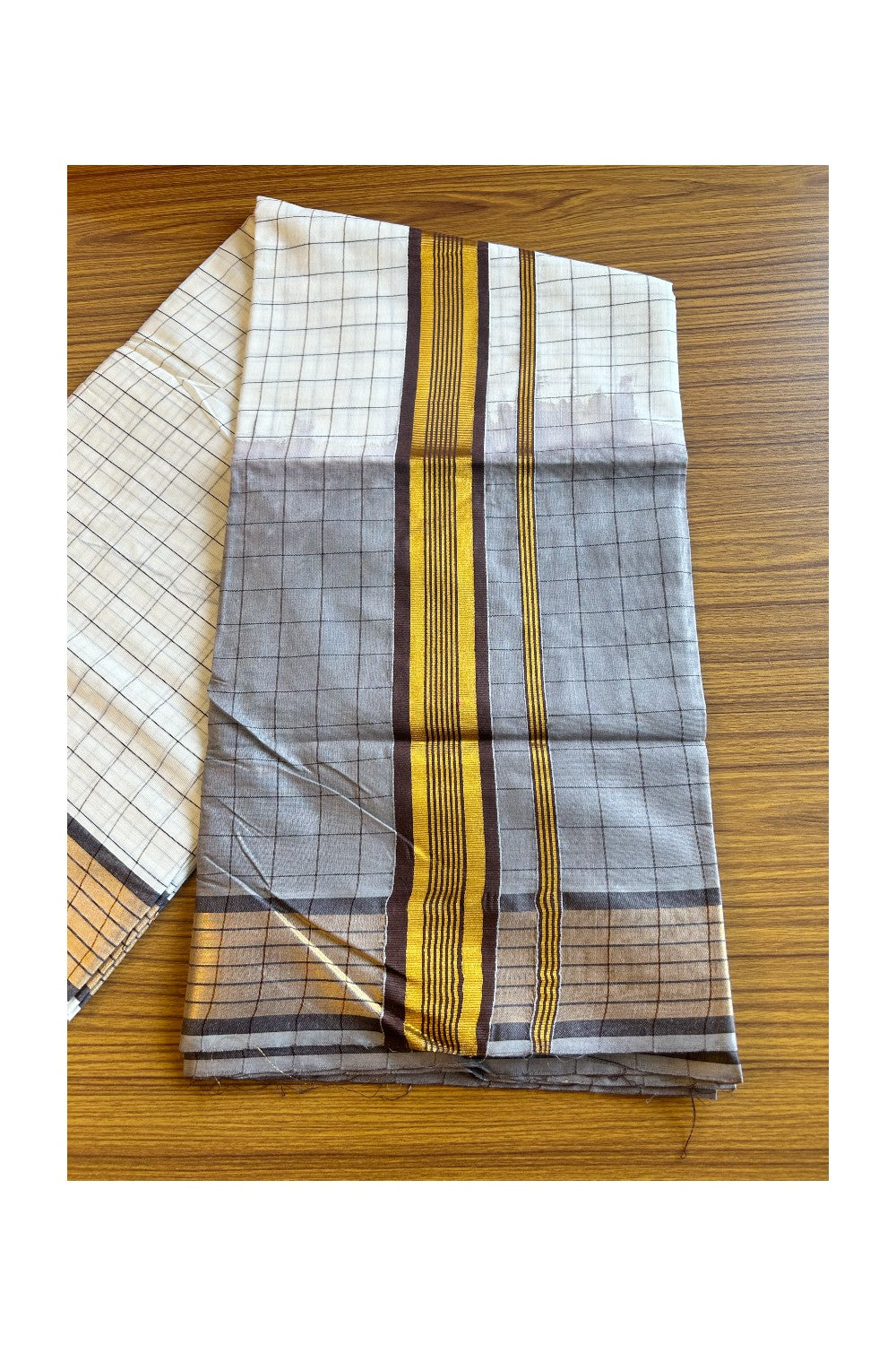15% Discount! Kaitharikada Kerala Cotton Saree - Ash Color Dyed & Gold Kasavu Brown Striped Kara - 16KK1003HAR