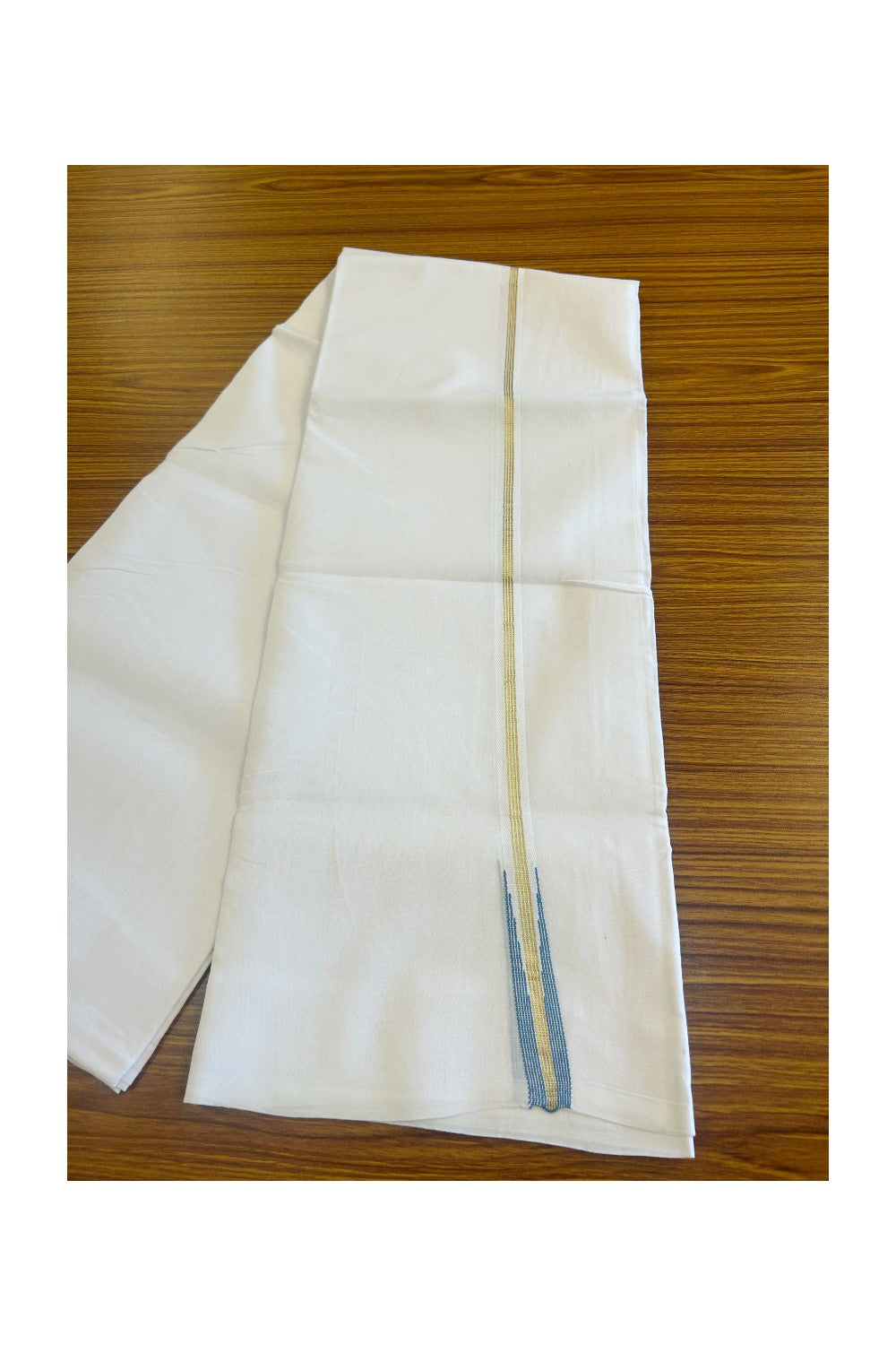 20% DISCOUNT!! KaithariKada Balaramapuram 100% Cotton PURE WHITE Double Mundu/Dhoti-100x100  0.75 inch  Puliyilakkara kasavu 4 line blue striped chutty - 16KK481ASH