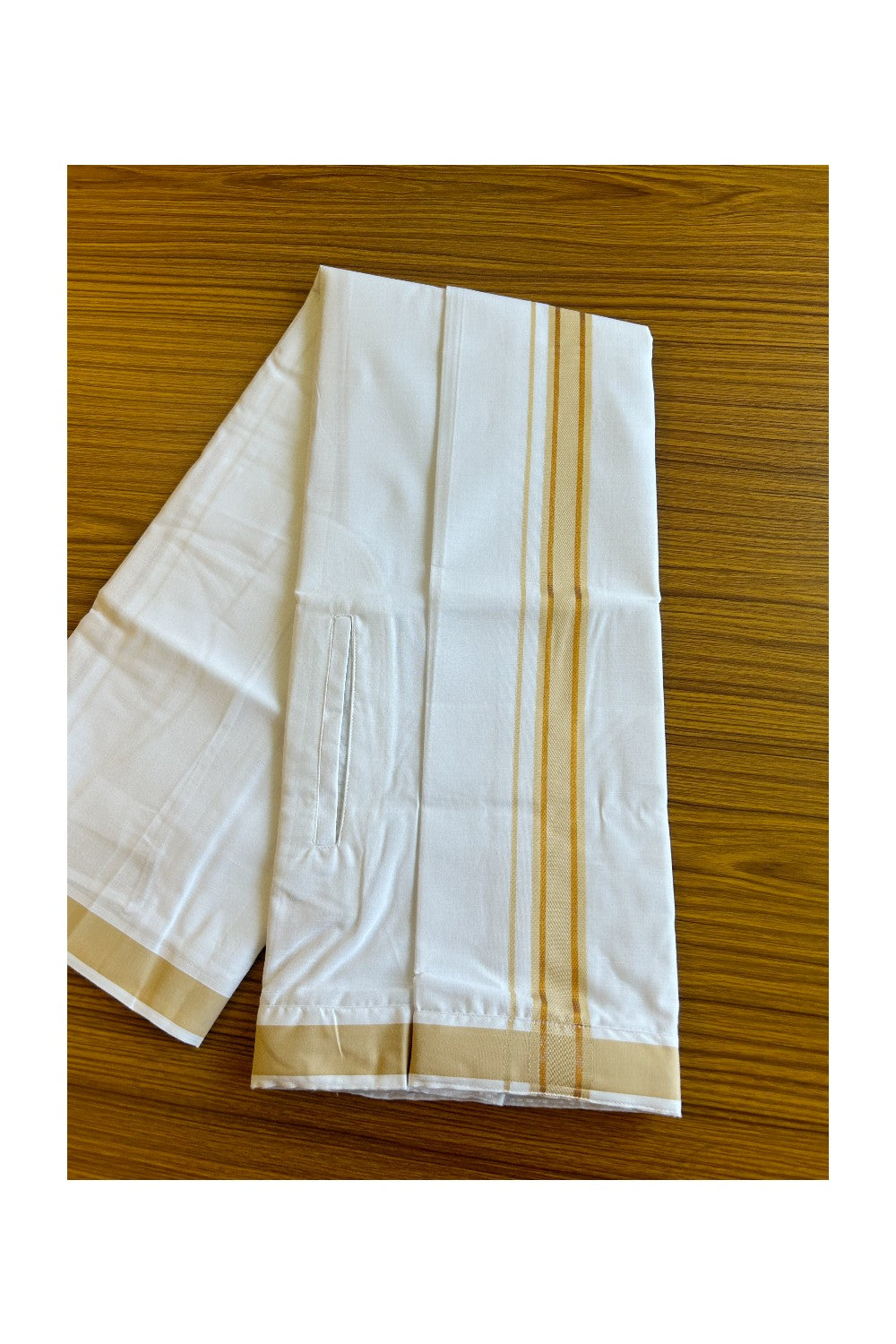 KaithariKada Balaramapuram COTTON SINGLE PURE WHITE VELCRO Mundu/Dhoti - 1.75inch Light Brown & Kasavu kara  (2 metre / 4 muzham)- 16KK485SRI