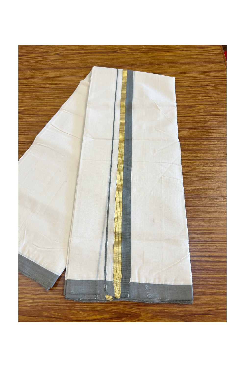 30% Discount KaithariKada HANDLOOM Unakkupaav Balaramapuram - 100% PURE Cotton Off White - (Unbleached) Double Mundu/Dhoti - 2 inch  Kasavu & GREY Kara- 16KK498KK