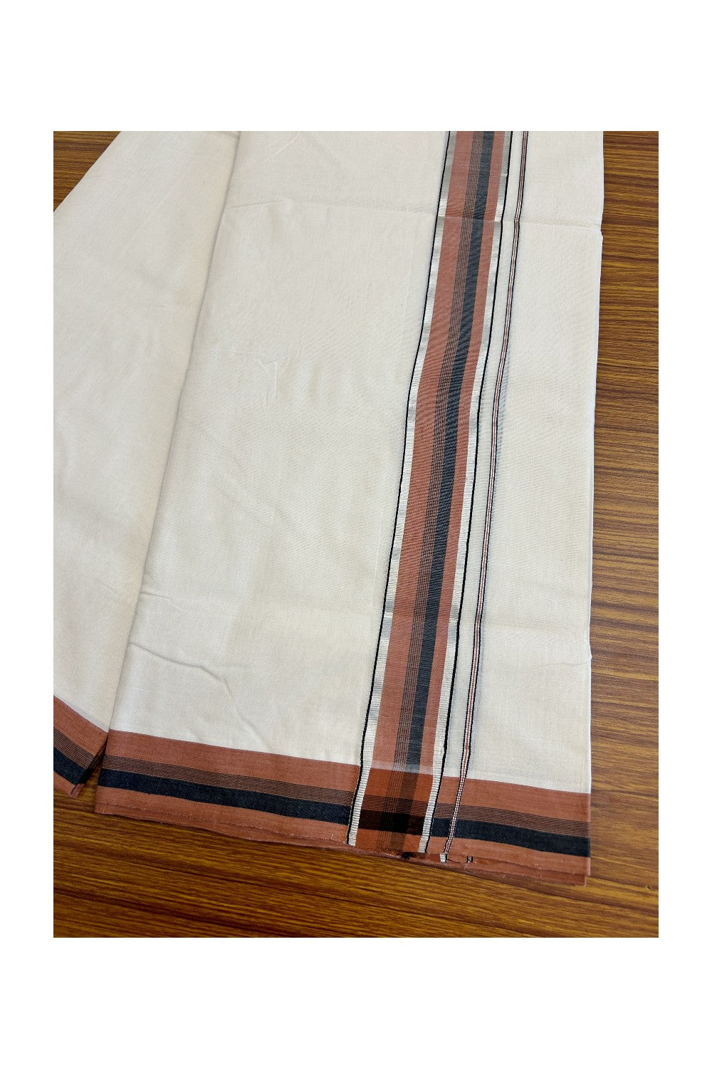 25% Discount!!! KaithariKada HANDLOOM UNAKKUPAAV Balaramapuram - 100% PURE Cotton off white - (Unbleached) Double Mundu/Dhoti - 2 inch Silver kasavu Brown & Black striped kara - 16KK5011RAM