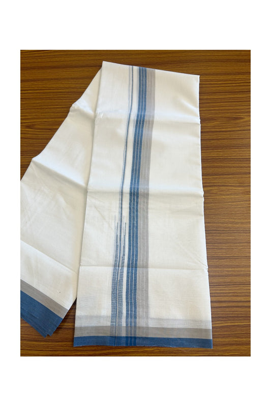 19% Discount!!! KaithariKada Balaramapuram  Double Off white - (Unbleached) Mundu/Dhoti - 80X90 - 2.25 inch Blue & Ash Silver Striped puliyilakkara chutty Striped Kara 3.85 meters (8 Muzham) - 16KK5058GUN