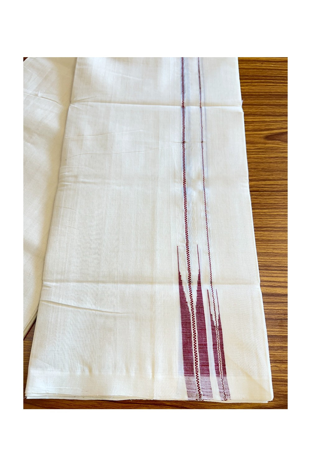 30% Discount KaithariKada HANDLOOM Millpaav Balaramapuram - 100% PURE Cotton Off white - (Unbleached) Double Mundu/Dhoti - 1 inch Puliyilakkara Muthukuri Silver Kasavu & Red double Chutty - 16KK5123RAM