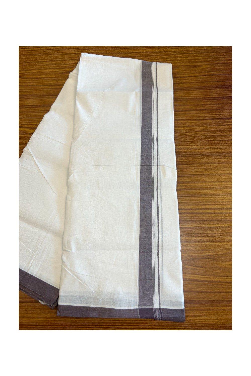 30% Discount!!! KaithariKada HANDLOOM UNAKKUPAAV Balaramapuram - 100% PURE Cotton PURE WHITE Double Mundu/Dhoti - 1.25 inch Chocolate Brown Striped Kara - 16KK5129YAR