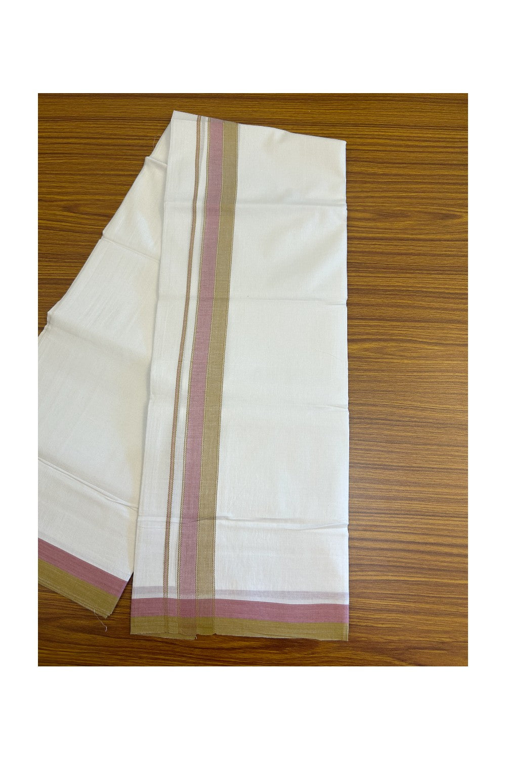 28% DISCOUNT! KaithariKada Balaramapuram 100% Cotton PURE WHITE Double Mundu/Dhoti - 100x80 - 1.75 inch Light Brown & Rose Pink shaded designer kara - 14KK5134THI