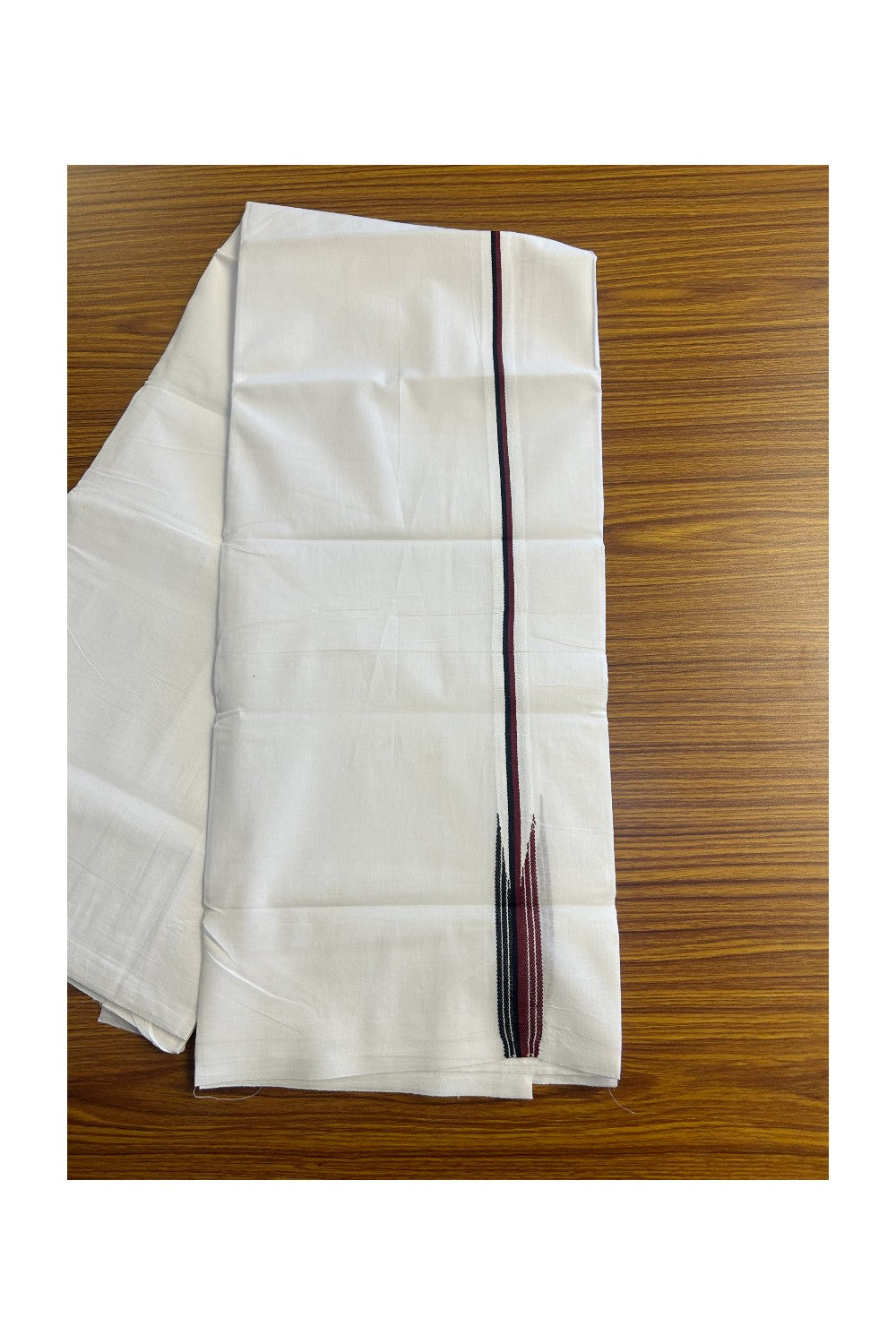 DMK VESHTI SHORT DHOTHI - DMK Veshti - 20% DISCOUNT! KaithariKada Balaramapuram 100% Cotton Double PURE WHITE Mundu/Dhoti-100x100 - 1.25 inch & 46 inches Height Puliyilakkara MAROON & BLACK Striped Chutty Kara- 13KK5146ASH