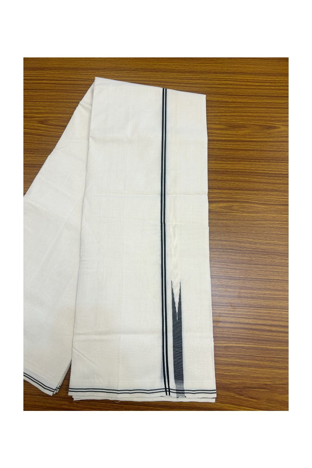 25% DISCOUNT!! KaithariKada HANDLOOM  UNAKKUPAAV Balaramapuram - 100% PURE Cotton OFF White - (Unbleached) Double Mundu/Dothi - 100X100 - 1 cm Black stripes Puliyilakkara Black chutty  - 5KK5167REA