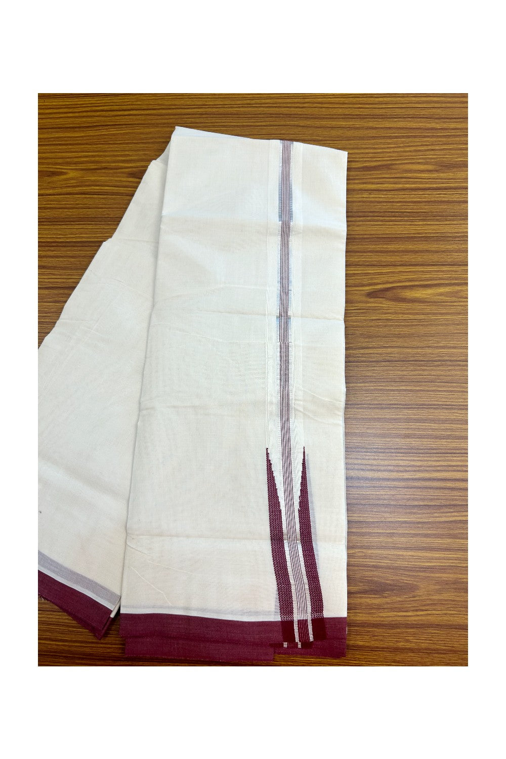 15% DISCOUNT ! KaithariKada Balaramapuram 100% Cotton DOUBLE OFF WHITE Mundu/Dhoti (Unbleached)  - 100X80 - 1.5 inch Puliyilakkara MAROON SILVER Big chutty - 16KK5171GAN