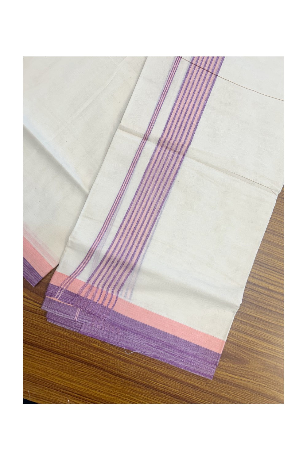 20% DISCOUNT ! KaithariKada Balaramapuram 100% Cotton Double off white (Unbleached) Mundu/Dhoti - 100X80 - 1.5 inch Violet & Peach Stripes kara - 15KK5172PMC