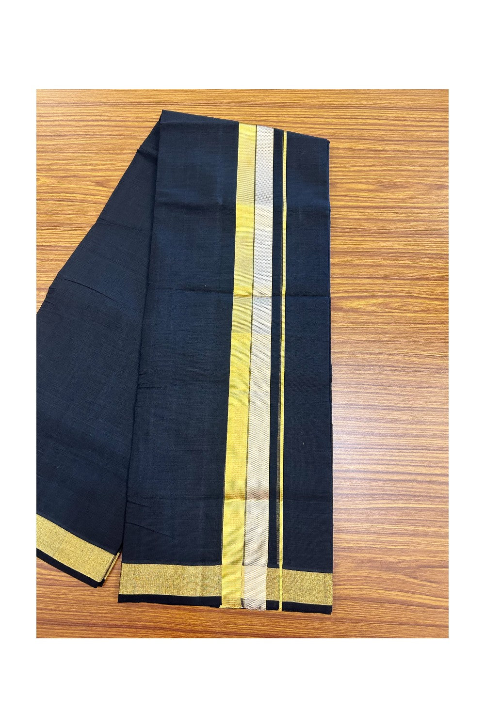 25% Discount! KaithariKada Handloom UNAKKUPAAV Balaramapuram - 100% Cotton Double Mundu/Dhoti - Black Colour Body - 2 inch Gold Kasavu & Silver Kasavu Design - 16KK5176ABH