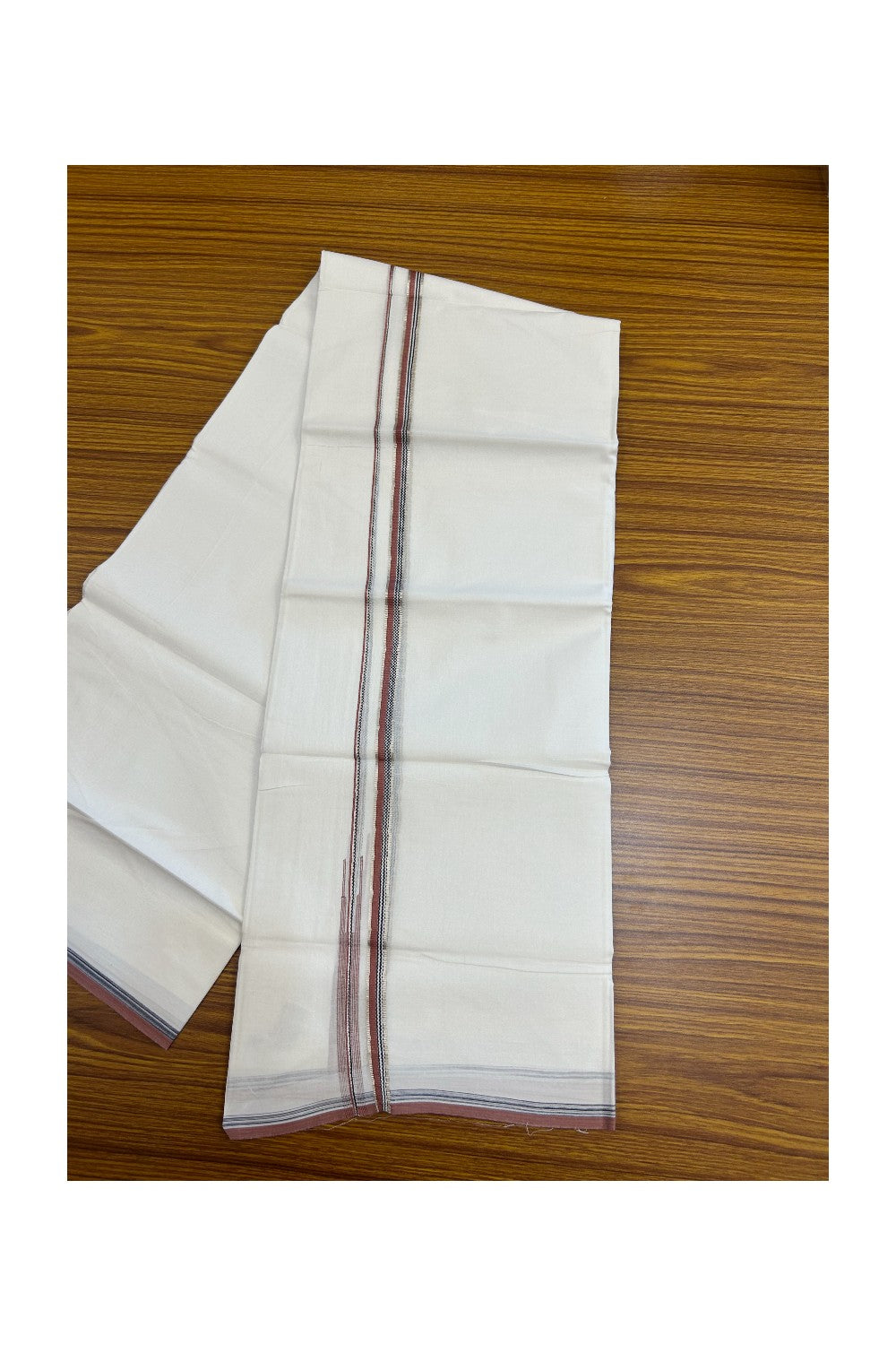 20% Discount !! Kaitharikada Balaramapuram 100% Cotton PURE WHITE DOUBLE Mundu/Dothi- 100X80 Thread - 0.5 inch - Silver Kasavu Brick Red & Black Design Chutty Kara - 16KK5184RAMS