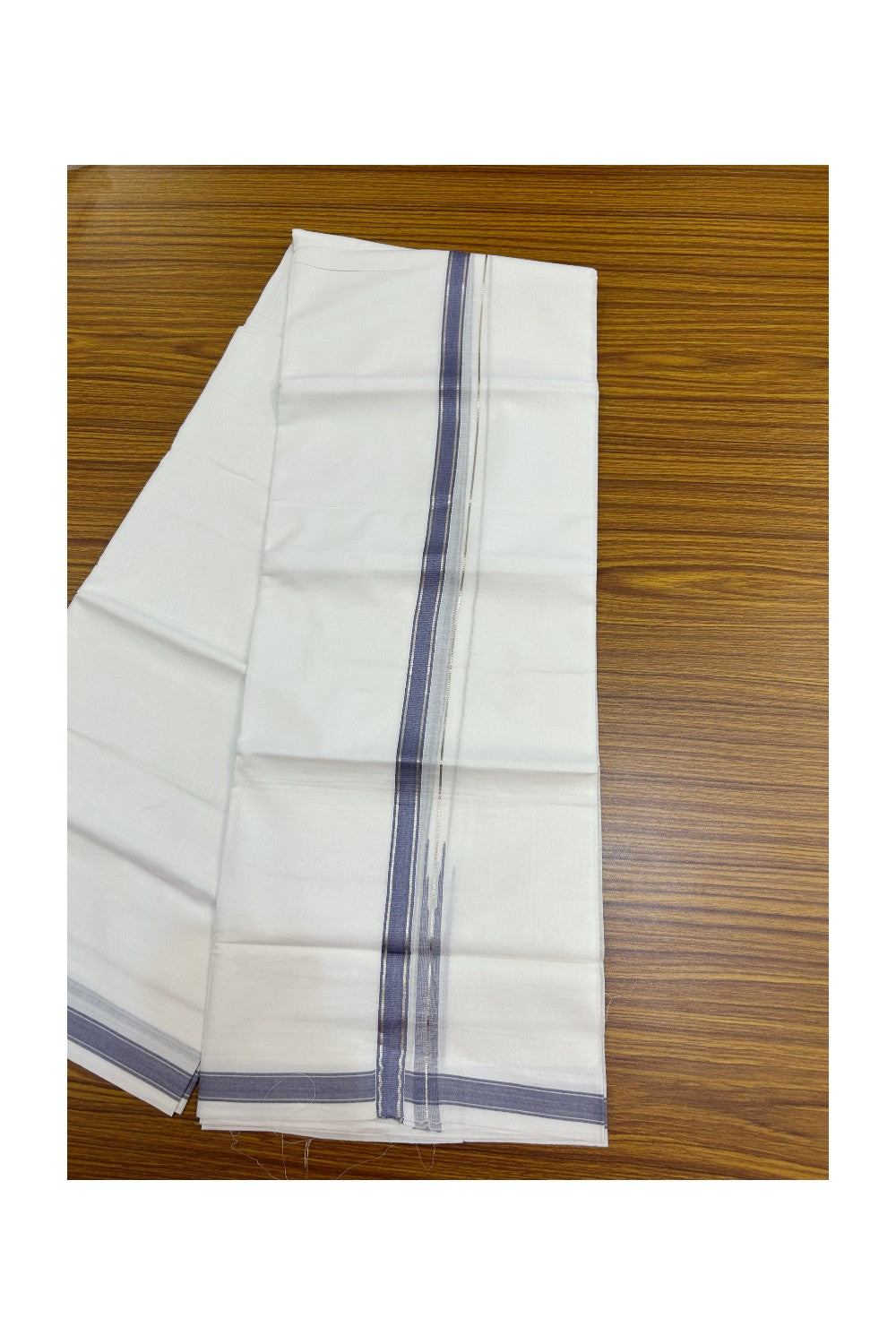 20% Discount !! Kaitharikada Balaramapuram 100% Cotton PURE WHITE Double Mundu/Dothi - 100x80 - 0.5 inch Silver Kasavu & Ash Blue Chutty Kara - 16KK5191CKS