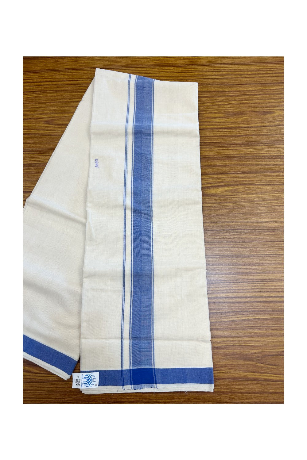 25% Discount KaithariKada HANDLOOM Unakkupaav Balaramapuram - 100% PURE Cotton off white (Unbleached) Double Mundu/Dhoti - 80X90 - 2 inch Blue Stripes Kara 3.80 mtr - 16KK5192ELA