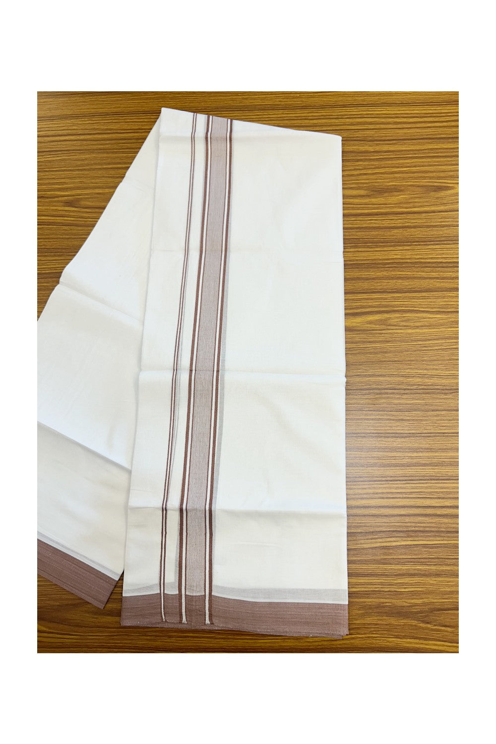 20% DISCOUNT! KaithariKada Balaramapuram 100% Cotton Double Pure white Mundu/Dhoti-( 60s ) - 1.25 inch Light Brown Shaded Striped Kara - 3.86mtr ( 8 muzham) - 16KK5227 PMC