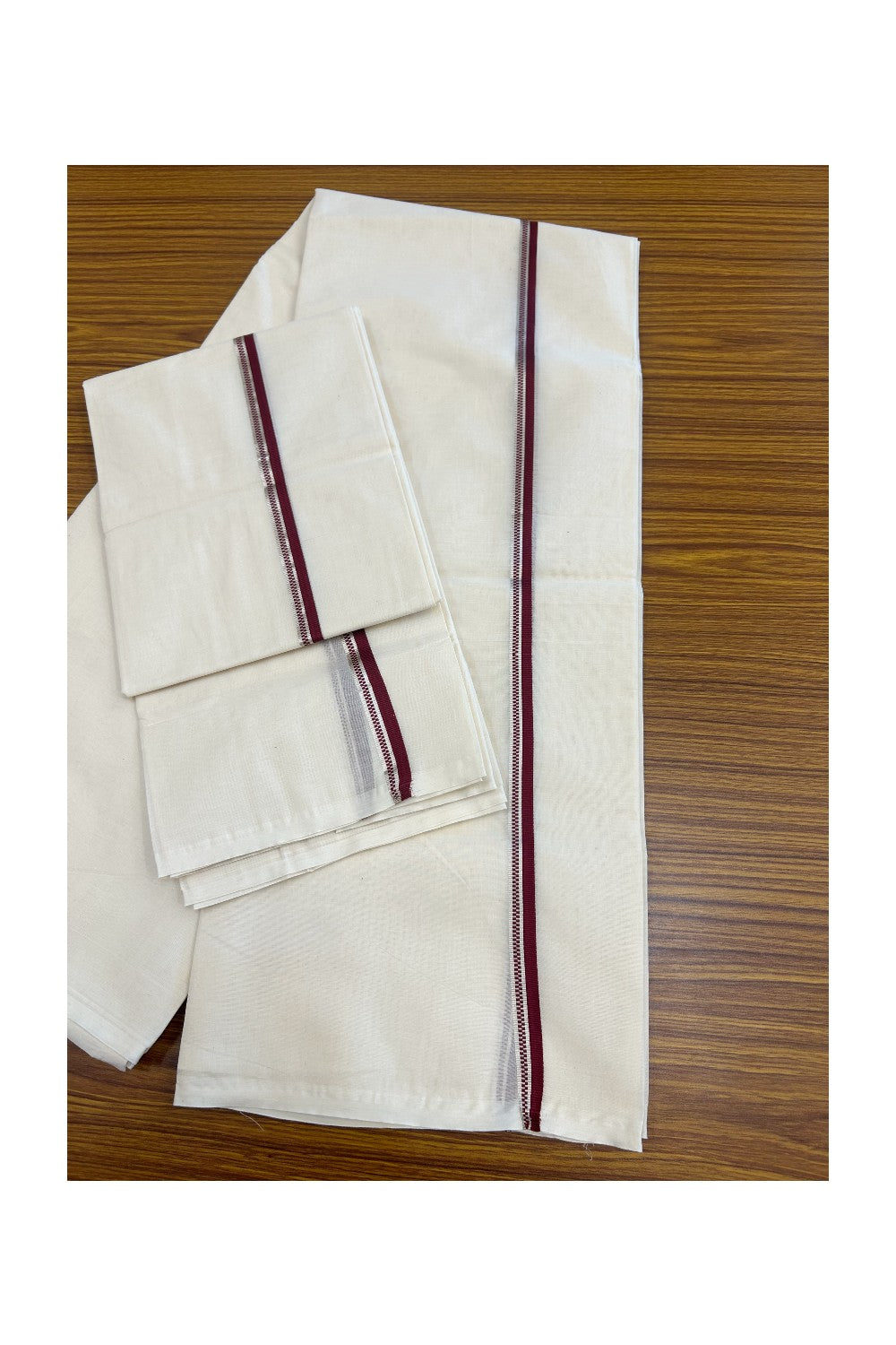 20% Discount!! KaithariKada Balaramapuram - 100% PURE Cotton Off White  (Unbleached) Mundu/Dhoti & Neriyath set - 1.5 cm Silver Kasavu & Maroon Design Kara - 17KK5238 ASH