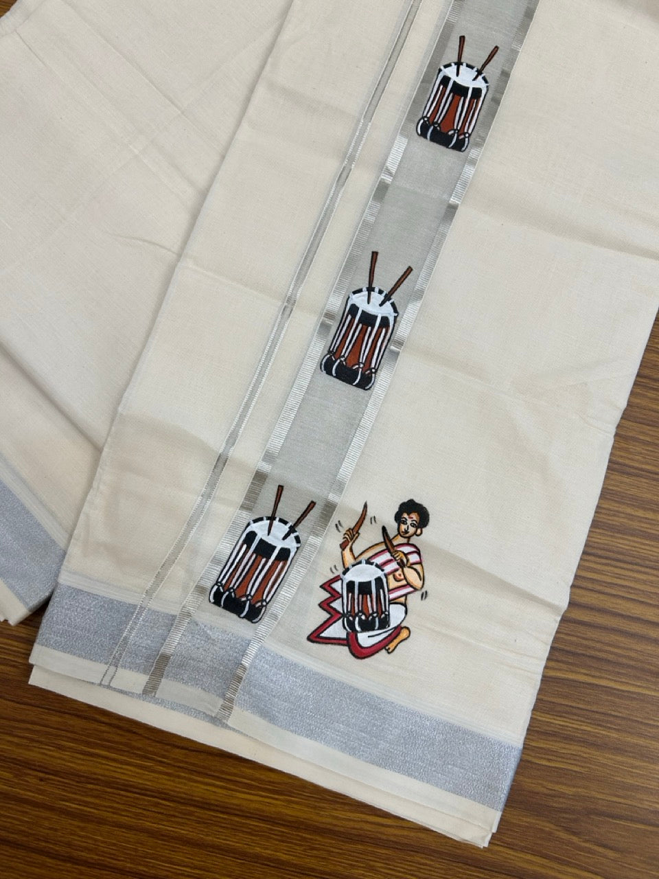 24% Discount! KaithariKada 100% Cotton Double Off white - (Ubleached) Mundu / Dhoti - 100x80 1.5 inch Silver Kasavu & Hand Painted Chenda - 16 KK5259 CKS