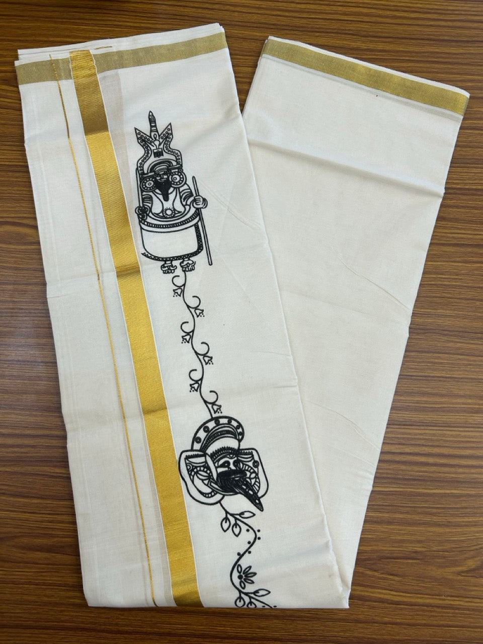 25% Discount!! KaithariKada Balaramapuram Pure Cotton Double Off white - (Ubleached) Mundu/Dhoti - 80x72 - 1 inch Kasavu & Theyyam Printed Design Kara - 16 KK5262 MUT