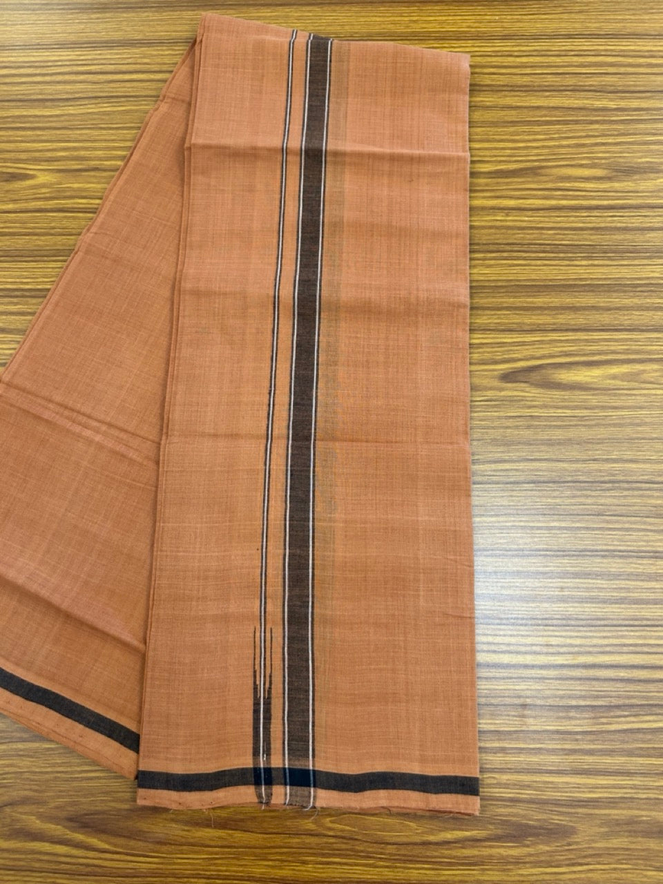 HANDLOOM Single KaithariKada - 10% Discount ! 100% Pure Cotton -  Mundu/Dhoti  KAVI COLOUR BODY 2cm BLACK & WHITE Kara Stripes Chutty (2 meter / 4 muzham)- 16KK8026ELA