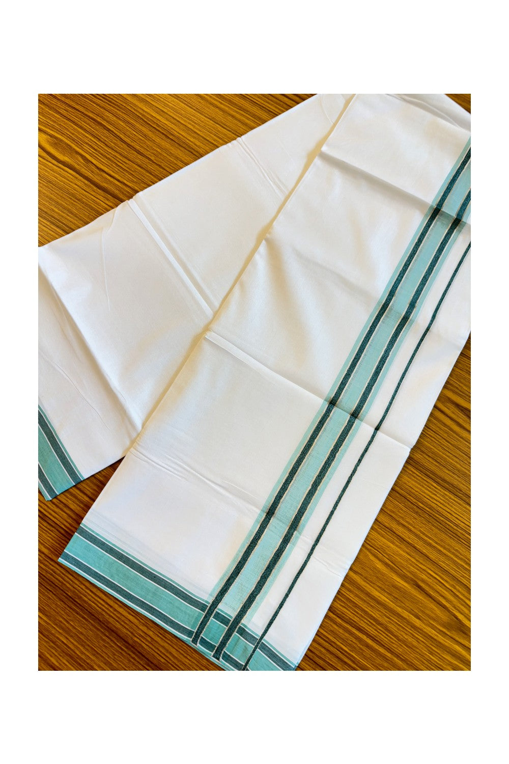 19% DISCOUNT!!! KaithariKada Balaramapuram 100% Cotton Double PURE white Mundu/Dhoti-100x100  2.5 Inch  Silver kasavu turquoise+green shaded  kara  - 16KK83VIN