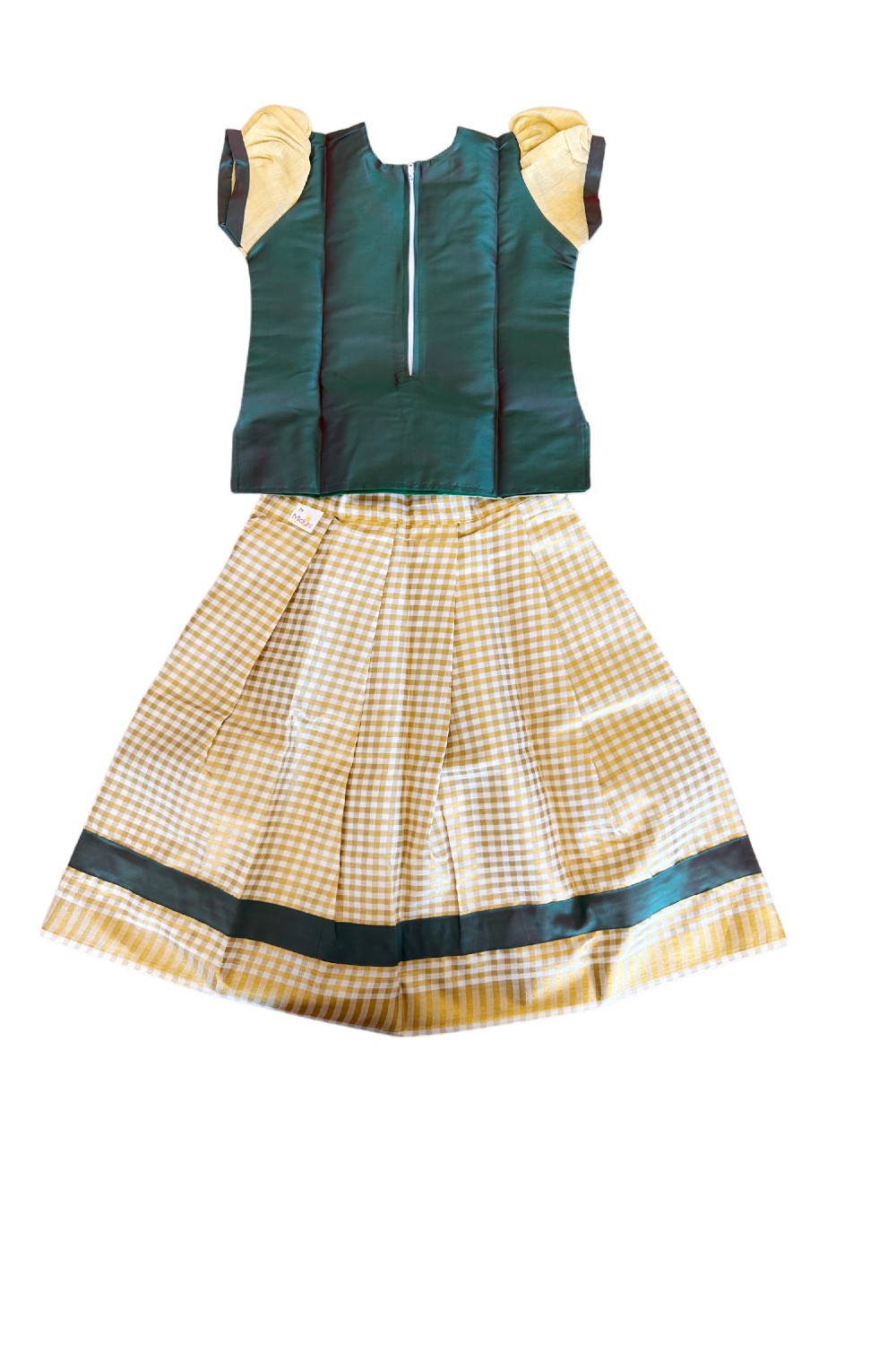 Midukki-Traditional South Indian Kids Pattu Pavada-  Green top offwhite check skirt - Age 6 - KK6MID0016