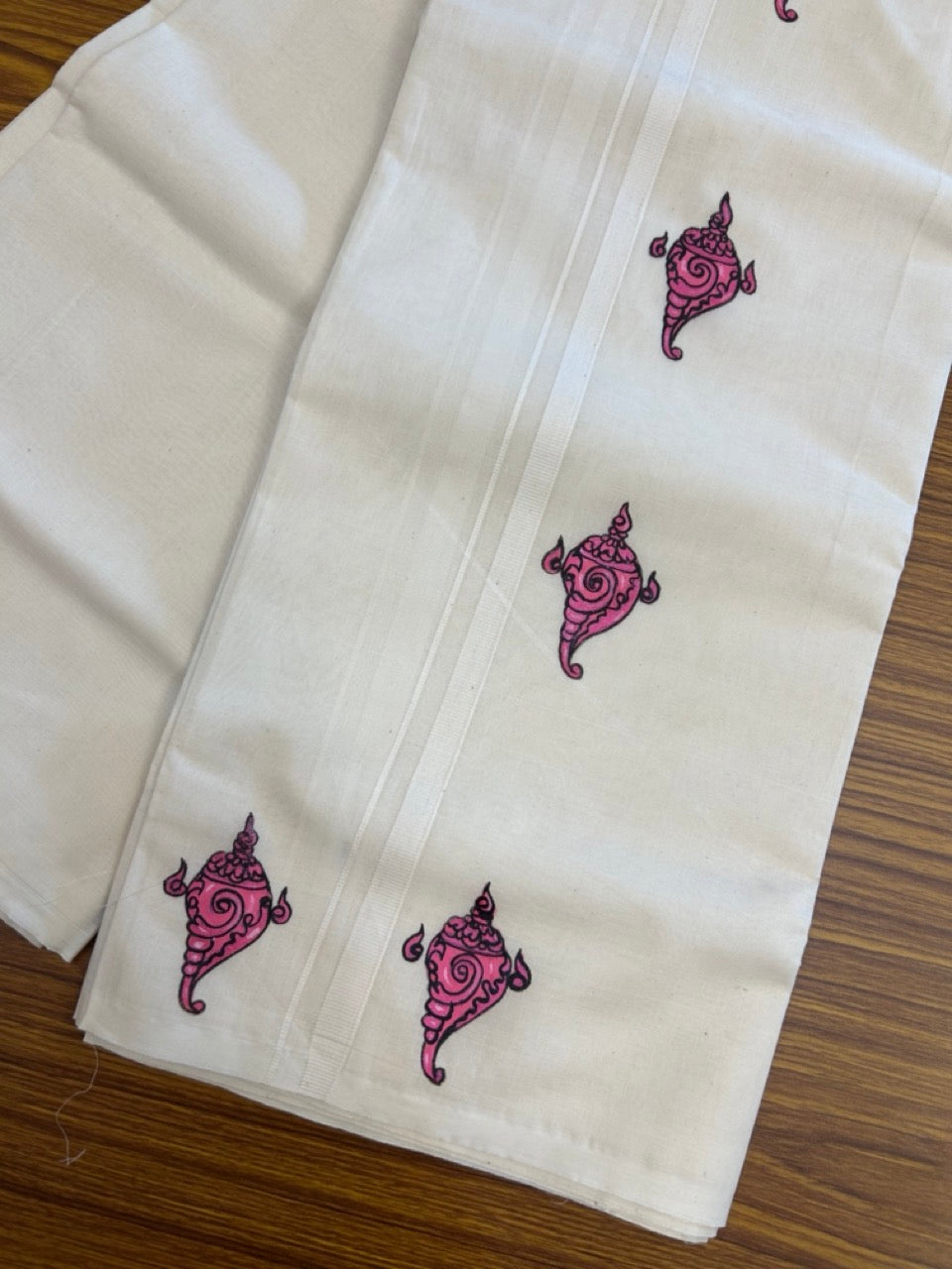 KaithariKada Balaramapuram 100% Cotton Double Off white - (Unbleached) Mundu/Dhoti-100x80 - 0.5 inch Hand Painted Deep Magenta Mural Design Kara 3.75 mtr (8 muzham) - 11 KK5244 ASH