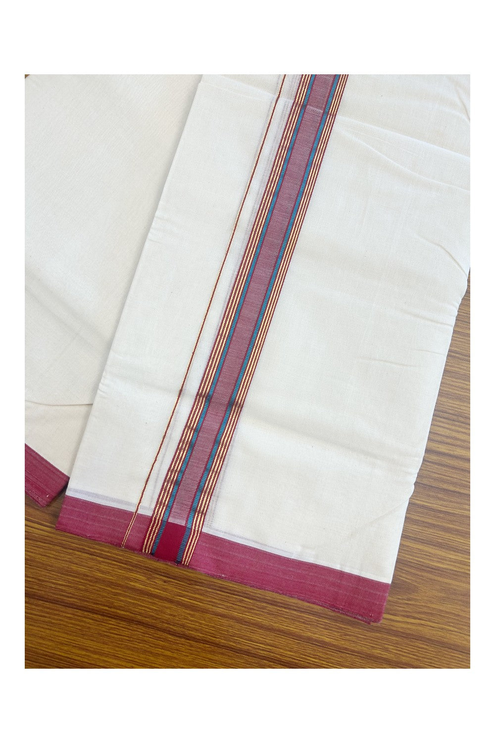 31% DISCOUNT!! KaithariKada HANDLOOM Millpaav Balaramapuram - 100% PURE Cotton OFF White Double - (Unbleached) Mundu/Dothi - 1.75 Inch Gold Peacock Blue Kasav Red kara - 16kk5153RAM
