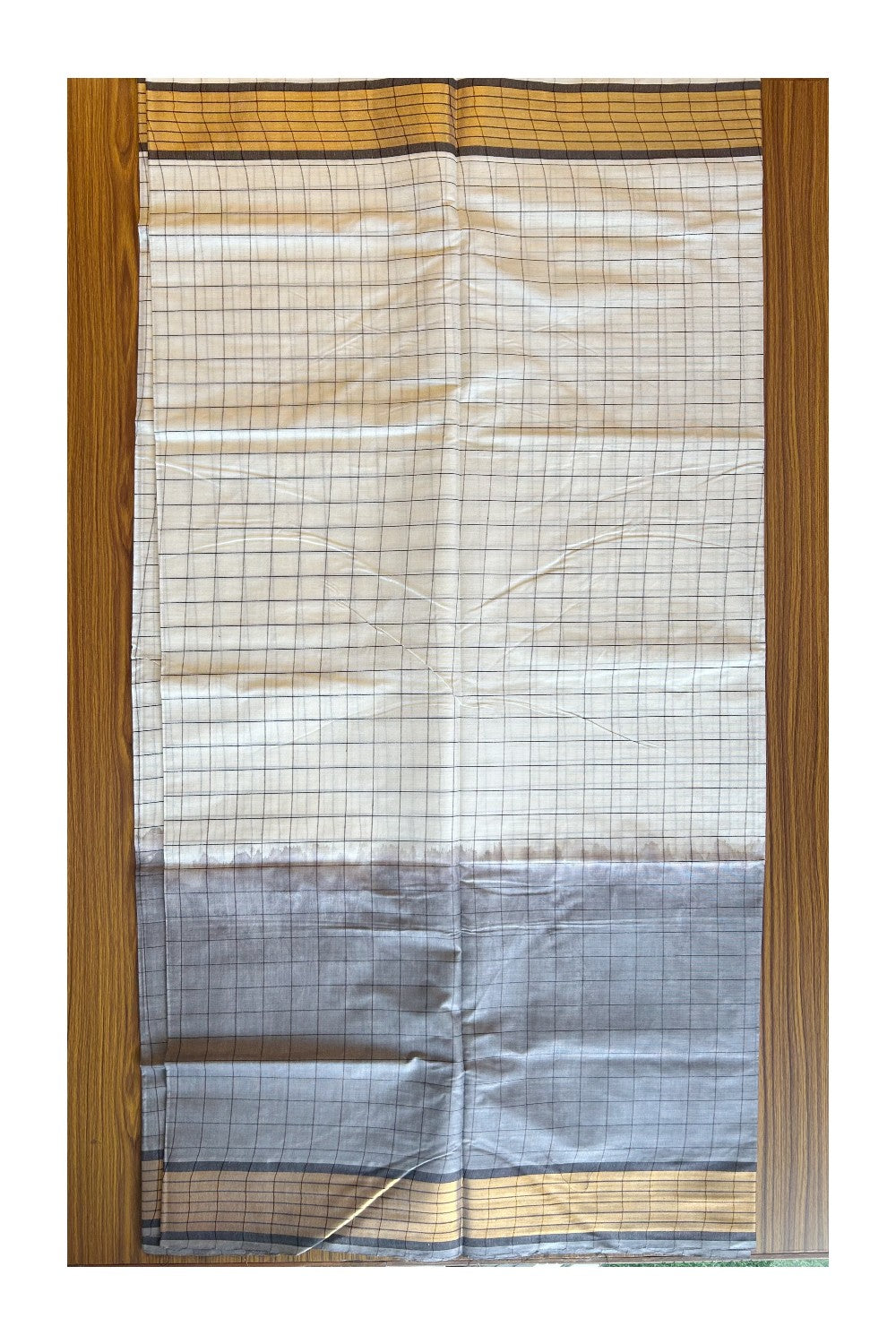 15% Discount! Kaitharikada Kerala Cotton Saree - Ash Color Dyed & Gold Kasavu Brown Striped Kara - 16KK1003HAR