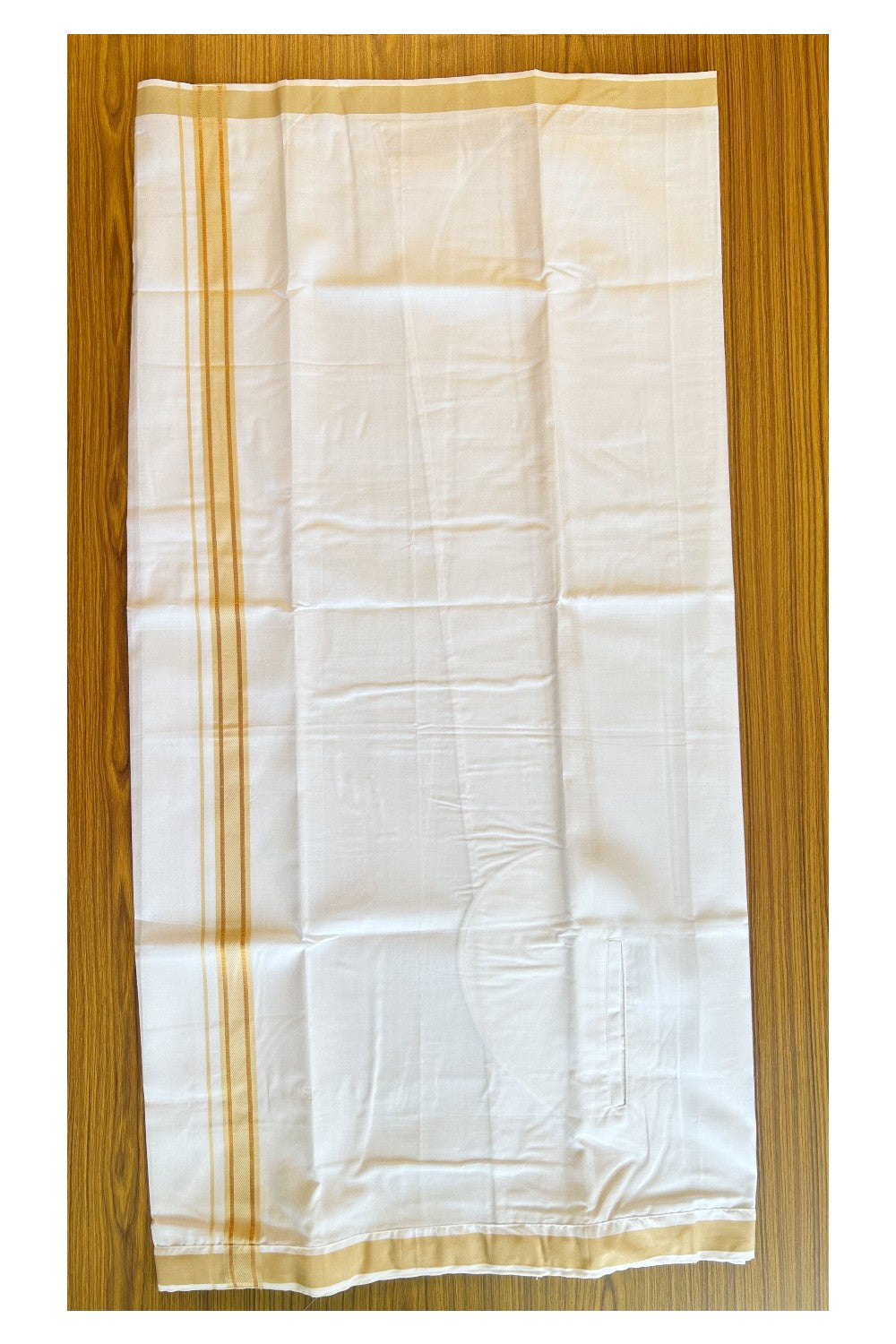 KaithariKada Balaramapuram COTTON SINGLE PURE WHITE VELCRO Mundu/Dhoti - 1.75inch Light Brown & Kasavu kara  (2 metre / 4 muzham)- 16KK485SRI