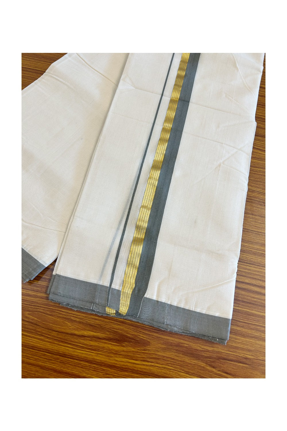 30% Discount KaithariKada HANDLOOM Unakkupaav Balaramapuram - 100% PURE Cotton Off White - (Unbleached) Double Mundu/Dhoti - 2 inch  Kasavu & GREY Kara- 16KK498KK