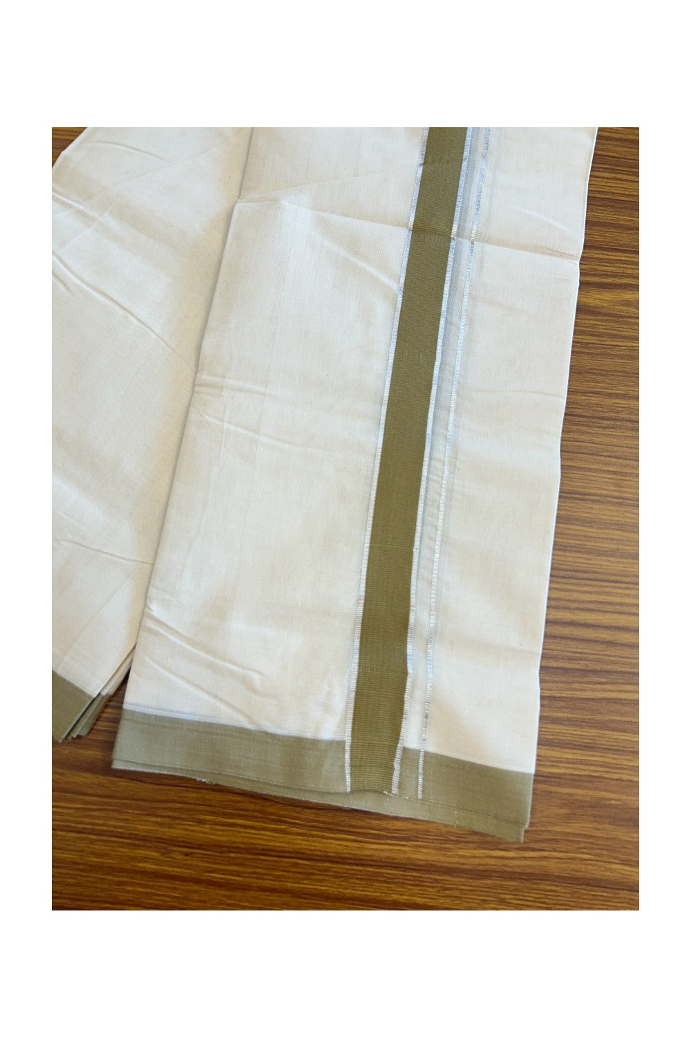 20% Discount KaithariKada Balaramapuram 100% Cotton Double Off white - (Unbleached) - Mundu/Dhoti - 100x80 - 2 inch Silver Kasavu & Sage Green Kara 3.75 mtr (8 Muzham)- 118