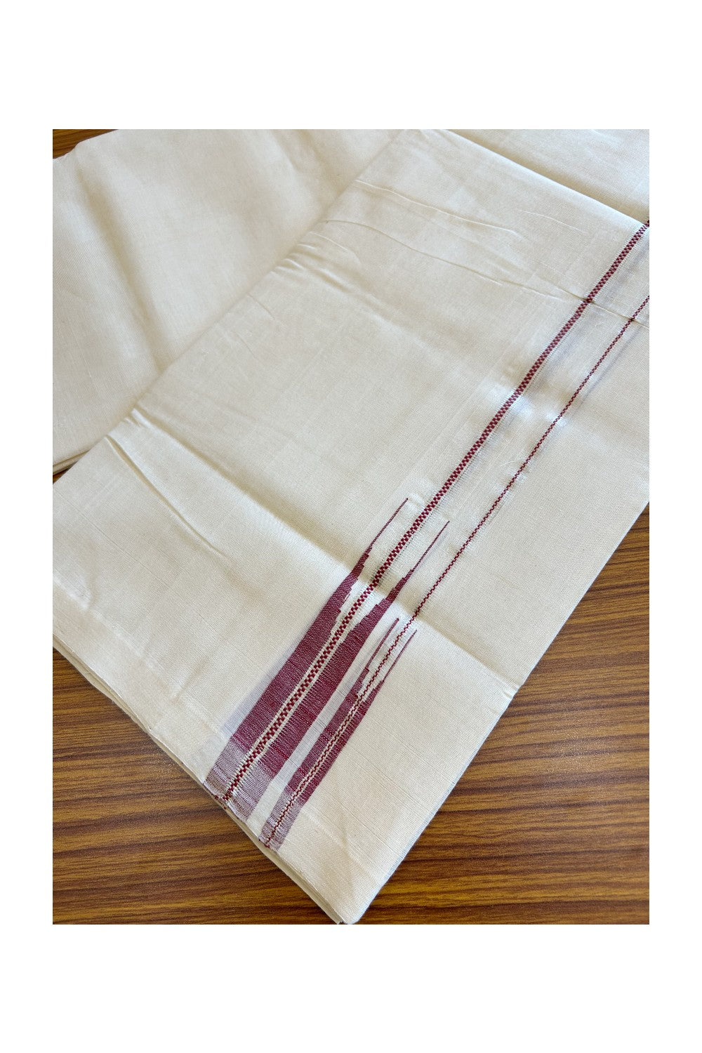 30% Discount KaithariKada HANDLOOM Millpaav Balaramapuram - 100% PURE Cotton Off white - (Unbleached) Double Mundu/Dhoti - 1 inch Puliyilakkara Muthukuri Silver Kasavu & Red double Chutty - 16KK5123RAM
