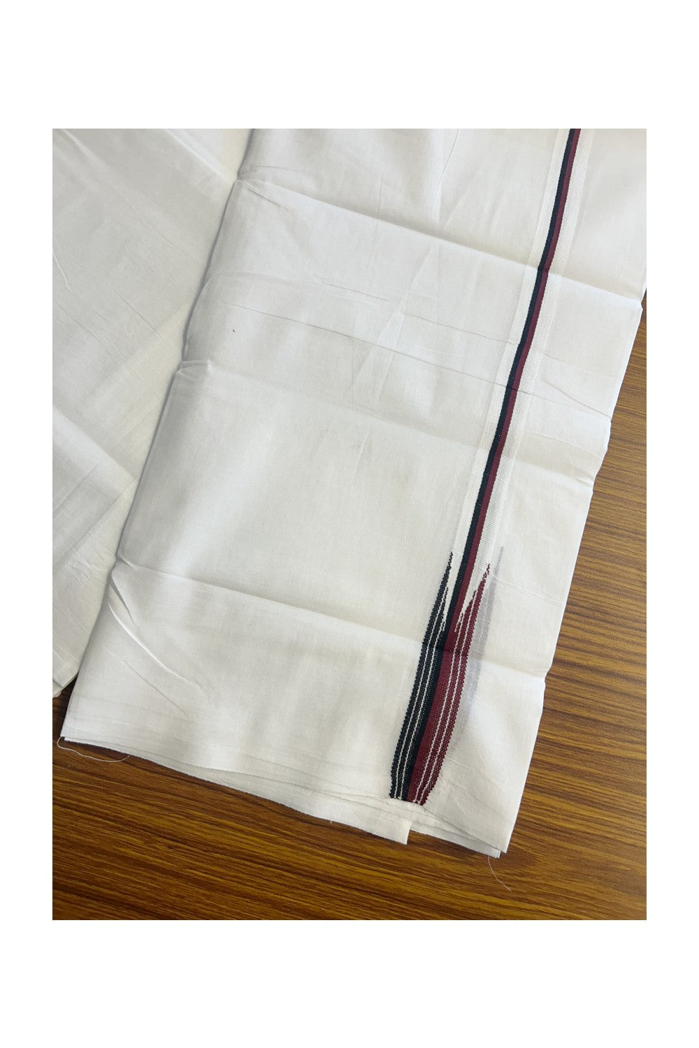 DMK VESHTI SHORT DHOTHI - DMK Veshti - 20% DISCOUNT! KaithariKada Balaramapuram 100% Cotton Double PURE WHITE Mundu/Dhoti-100x100 - 1.25 inch & 46 inches Height Puliyilakkara MAROON & BLACK Striped Chutty Kara- 13KK5146ASH