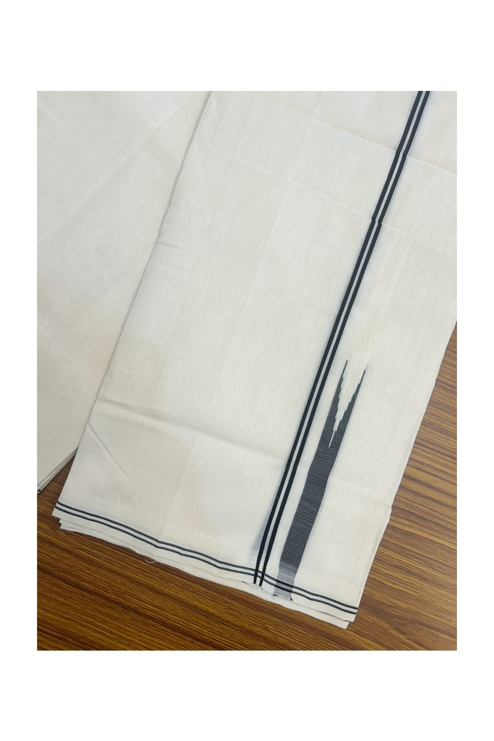 25% DISCOUNT!! KaithariKada HANDLOOM  UNAKKUPAAV Balaramapuram - 100% PURE Cotton OFF White - (Unbleached) Double Mundu/Dothi - 100X100 - 1 cm Black stripes Puliyilakkara Black chutty  - 5KK5167REA