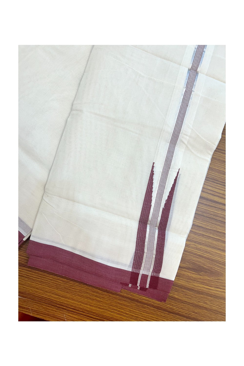 15% DISCOUNT ! KaithariKada Balaramapuram 100% Cotton DOUBLE OFF WHITE Mundu/Dhoti (Unbleached)  - 100X80 - 1.5 inch Puliyilakkara MAROON SILVER Big chutty - 16KK5171GAN