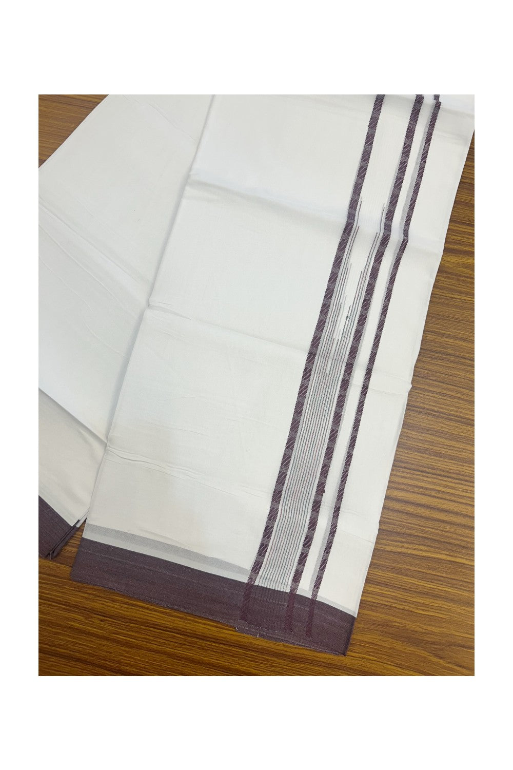 20% DISCOUNT! KaithariKada Balaramapuram DOUBLE PURE WHITE 100% Cotton Mundu/Dhoti - 100x80 - 1.5 inch Wine Purple Putta Design Chutty Kara - 16KK5174THI