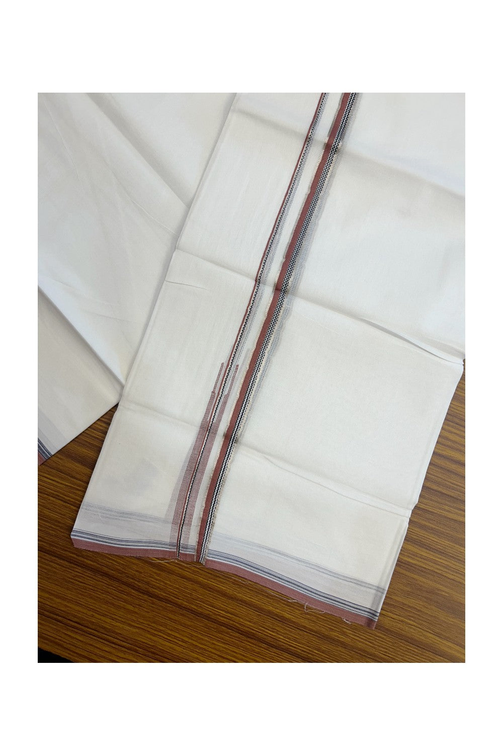 20% Discount !! Kaitharikada Balaramapuram 100% Cotton PURE WHITE DOUBLE Mundu/Dothi- 100X80 Thread - 0.5 inch - Silver Kasavu Brick Red & Black Design Chutty Kara - 16KK5184RAMS
