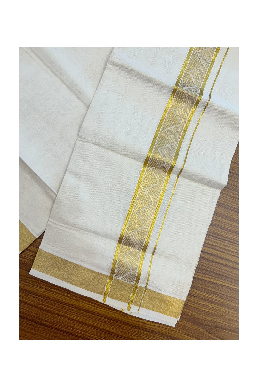 20% DISCOUNT! KaithariKada Balaramapuram 100% Pure Cotton off white - (Unbleached) Double Mundu/Dhoti - 100X80 - 1.75 inch Gold kasavu Jacquard Design kara - 16KK5186CKS