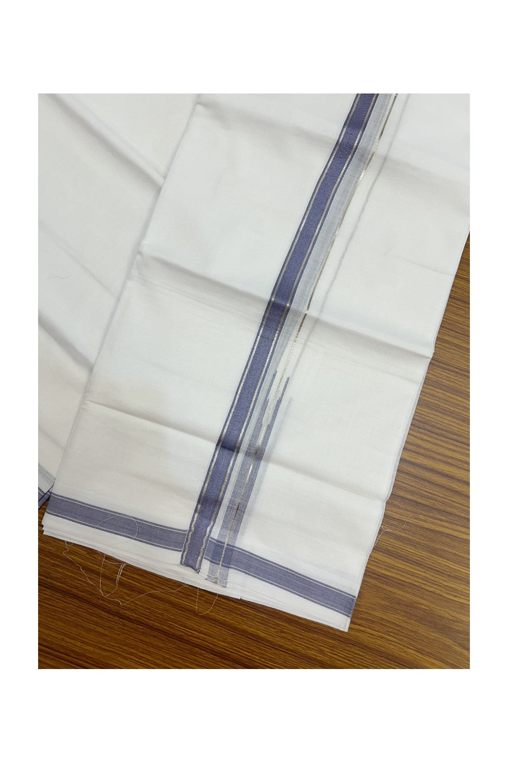20% Discount !! Kaitharikada Balaramapuram 100% Cotton PURE WHITE Double Mundu/Dothi - 100x80 - 0.5 inch Silver Kasavu & Ash Blue Chutty Kara - 16KK5191CKS