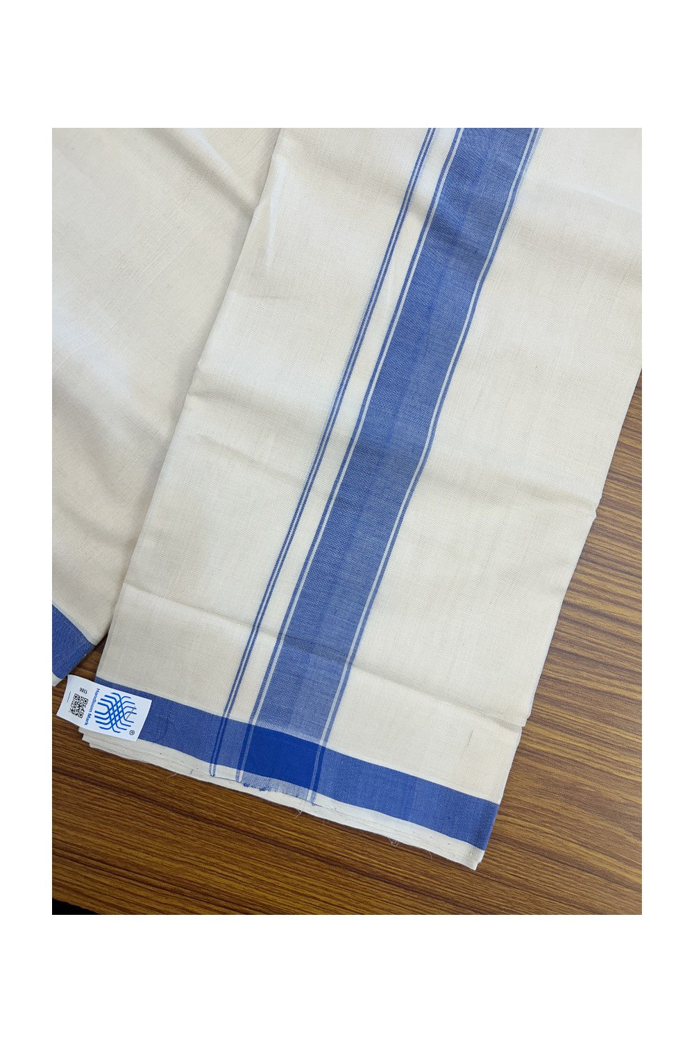 25% Discount KaithariKada HANDLOOM Unakkupaav Balaramapuram - 100% PURE Cotton off white (Unbleached) Double Mundu/Dhoti - 80X90 - 2 inch Blue Stripes Kara 3.80 mtr - 16KK5192ELA