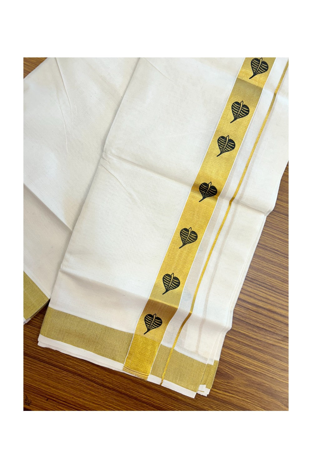22% Discount!! KaithariKada Balaramapuram 100% Cotton DOUBLE OFF WHITE - (Ubleached) Mundu/Dhoti - 80x90 - 1.5 inch Gold Kasavu with Black Leaf Printed Design Kara - 16KK5219 GAN