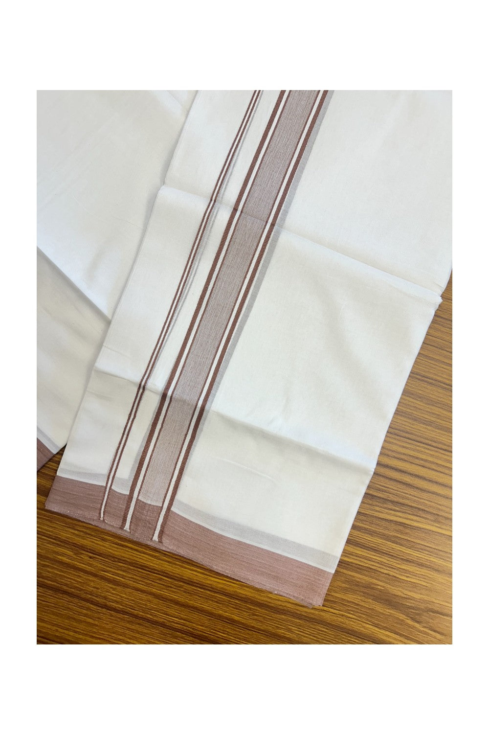 20% DISCOUNT! KaithariKada Balaramapuram 100% Cotton Double Pure white Mundu/Dhoti-( 60s ) - 1.25 inch Light Brown Shaded Striped Kara - 3.86mtr ( 8 muzham) - 16KK5227 PMC