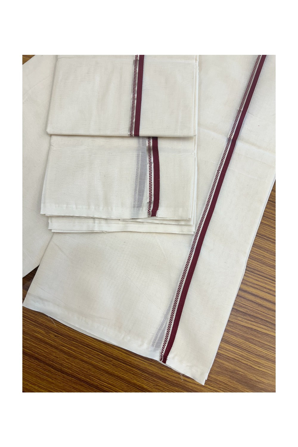 20% Discount!! KaithariKada Balaramapuram - 100% PURE Cotton Off White  (Unbleached) Mundu/Dhoti & Neriyath set - 1.5 cm Silver Kasavu & Maroon Design Kara - 17KK5238 ASH