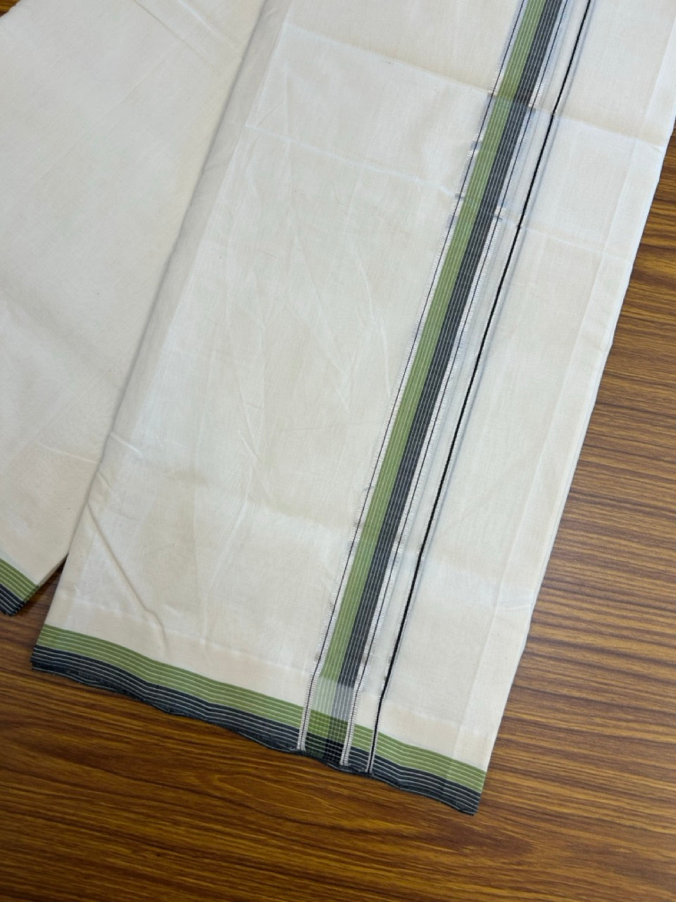 25% Discount!! KaithariKada HANDLOOM  UNAKKUPAAV Balaramapuram - 100% PURE Cotton OFF White - (Unbleached) Double Mundu/Dothi - 120 x 100 - 1.5 inch Black & Light Green Silver Kasav Striped Kara 4 meter - 16 KK5249 REA